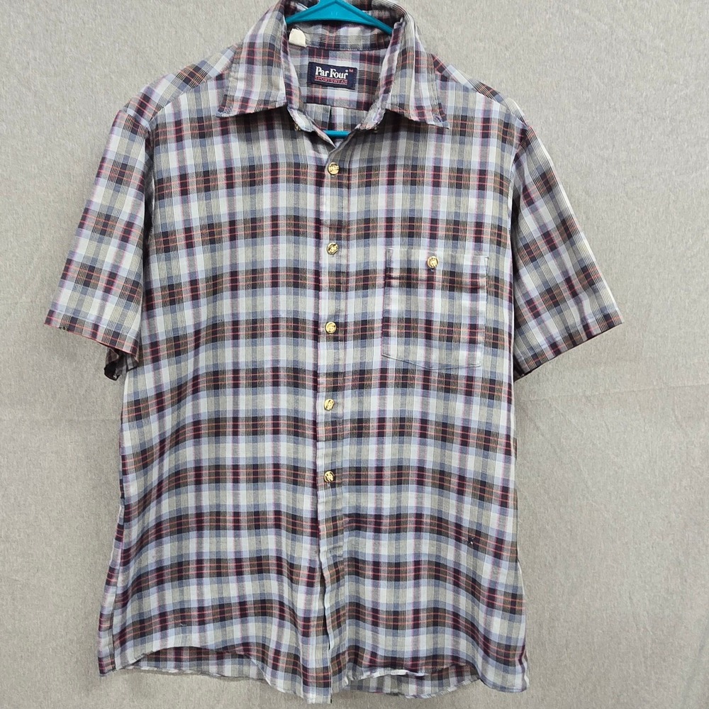 Vintage‎ Par Four Sportswear Mens Blue Red Plaid Short Sleeve Button Up Shirt M